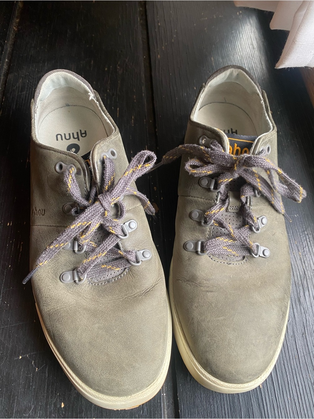 Ahnu Olive Chukka Boots with Gray and Yellow-Accented Laces